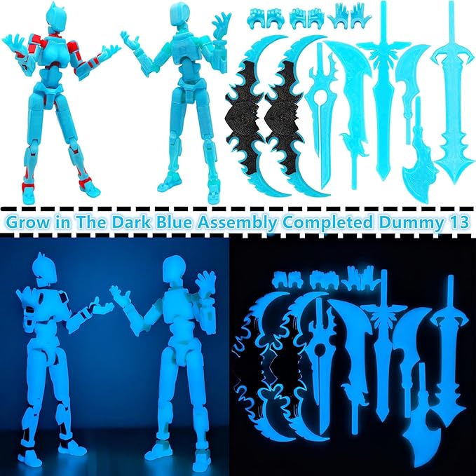 T13 Action Figures (Grow in The Dark Blue) Titan 13 Action Figures 3D Action Figure Set Already Assembled Dummy 13 Nova T-13 Robot 3D Printed Multi-Jointed Movable Toy (Blue Blue + Blue Red)