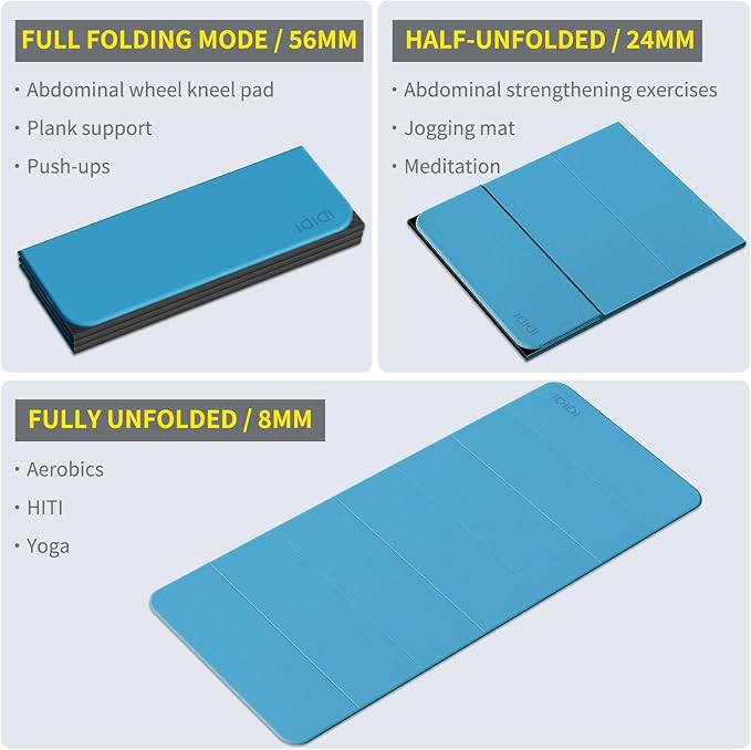 Foldable Extra Large Yoga Mat 74"×31.5", 8mm Double-Sided Non Slip Lightweight Fitness Mat for Man & Woman, Portable for Home Studio & Travel