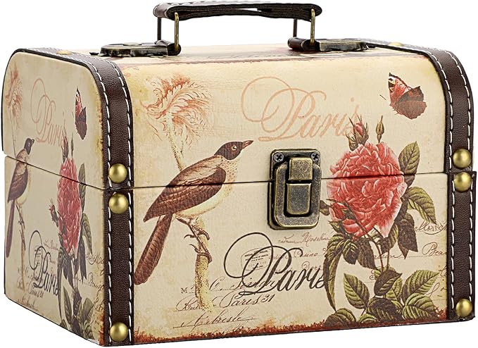 ELLDOO Decorative Treasure Chest Box, Wooden + PU Leather Storage Box for Jewelry Trinkets, Keepsakes box for Girls Women Gifts (Bird + Flower Pattern)