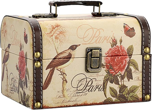 ELLDOO Decorative Treasure Chest Box, Wooden + PU Leather Storage Box for Jewelry Trinkets, Keepsakes box for Girls Women Gifts (Bird + Flower Pattern)