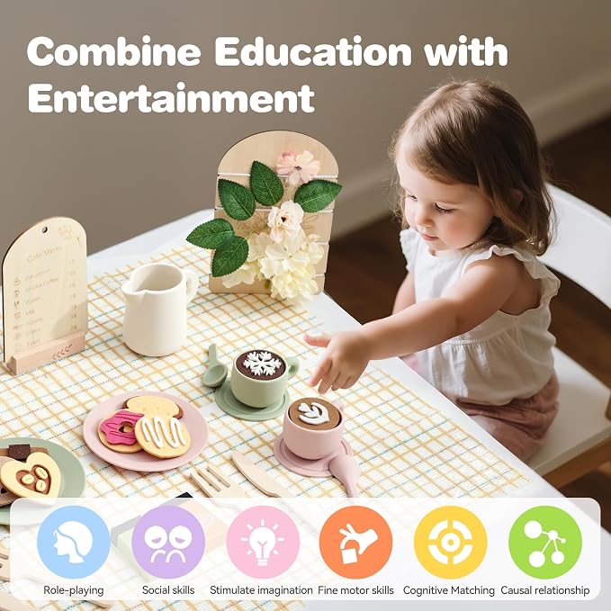Youuys Tea Party Set for Toddlers 3-5, Wooden & Silicone Pretend Play Tea Set with Desserts, Table Decor Board & Basket, Garden Tea Party Toy for Girls Boys, Birthday Gift for Kids Ages 3+