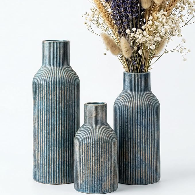 Vintage Blue Ceramic Flower Vases Set of 3, Modern Matte Vertical Ribbed, Nordic Minimalist Decor for Pampas Dried & Fresh Flowers, Centerpiece for Living Room, Shelf, Entryway, Wedding