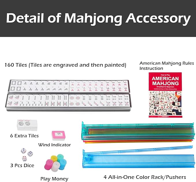 American Mahjong Game Set, 166 Quality White Tiles, 4 All-in-One Color Rack/Pushers, Complete Mahiong Tile Set Black Printed Carrying Bag