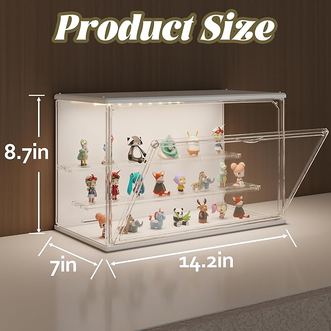 Clear Display Case for Collectibles, 3-Tier Adjustable Figure Display Case with LED Light, Stackable Acrylic Showcase with Magnetic Door for Model Figures, Jewelry & Collectibles (White)