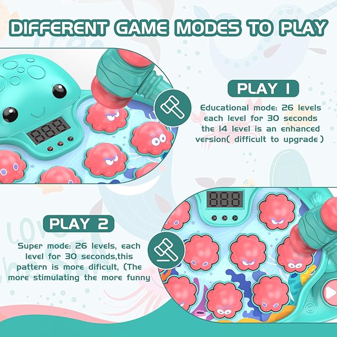 Octopus Vitality Strike Game, Educational Musical Whack-A-Mole Toy with 2 Game Modes, Digital Score Display, Ages 2+ (Multicolored)