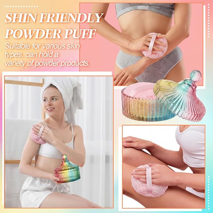 Extra Large Body Powder Puff and Container, 5.5'' Crystal Container with 5.3'' Oversize Dust Powder Puff Washable Reusable Face Body Glitter Wet Dry Makeup Gift(Colorful)