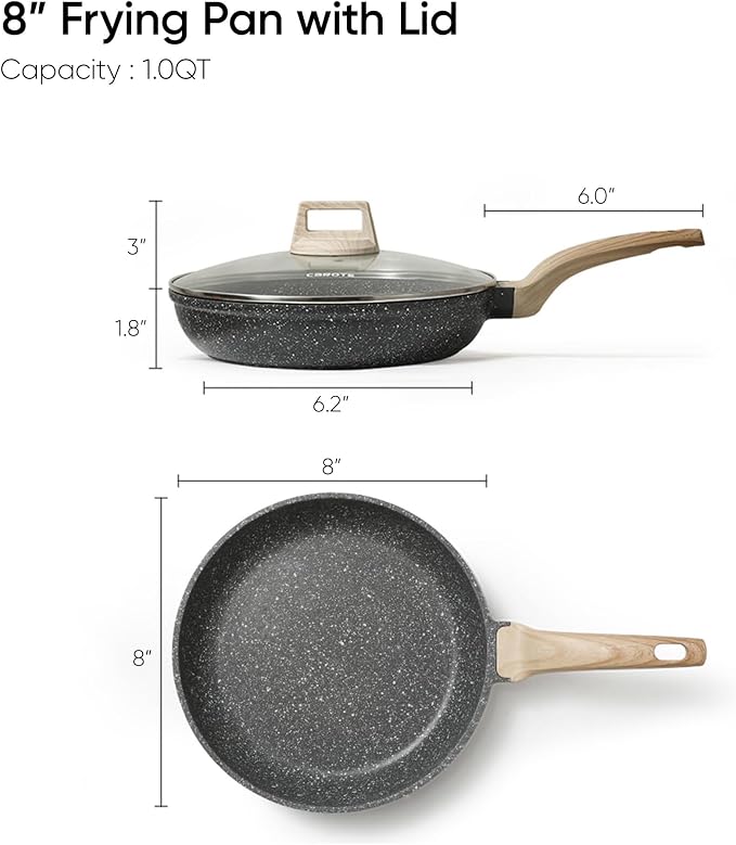 CAROTE Non Stick Frying Pan, 8 Inch Classic Granite Skillet with Glass Lid | Non Toxic Kitchen Cookware, Compatible with All Stovetop, PFOA Free