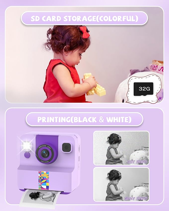 Kids Camera Instant Print, Digital Camera for Kids, 180° Rotating Selfie Lens with 32GB SD Card & 2 Rolls Printing Paper Kids Toy Birthday Gifts for Boys Girls Ages 3-12, Purple