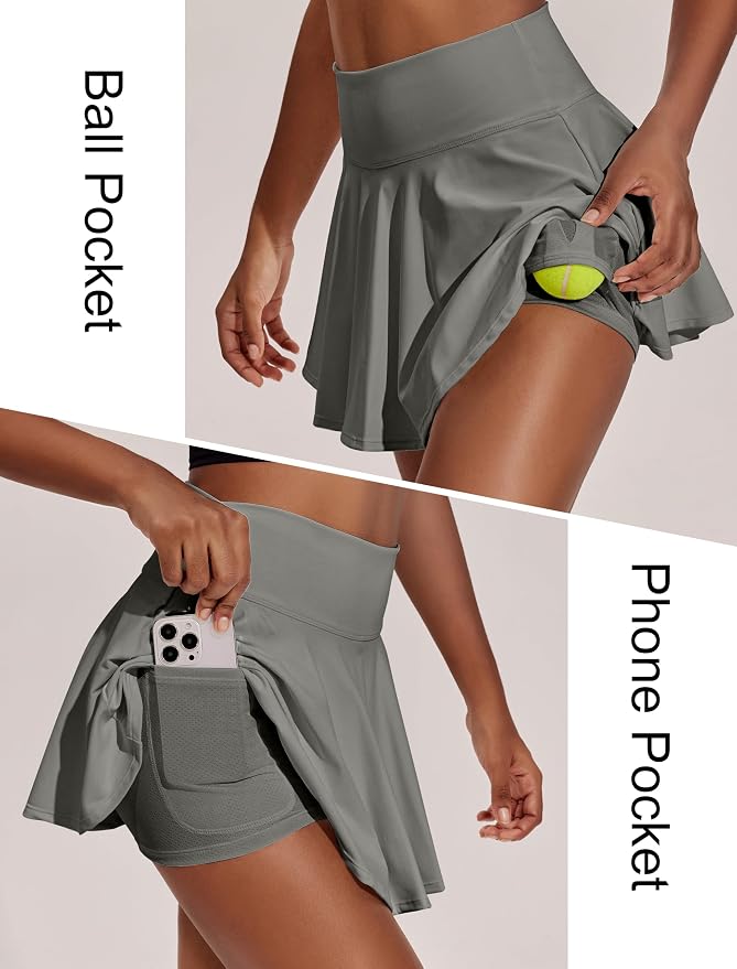 PINSPARK Womens Tennis Skirt 14" Pleated Athletic Golf Skorts with Pockets | High Waist, Tummy Control, Mini, Breathable, Lightweight, Soft, Built in Shorts, Pickleball, Casual