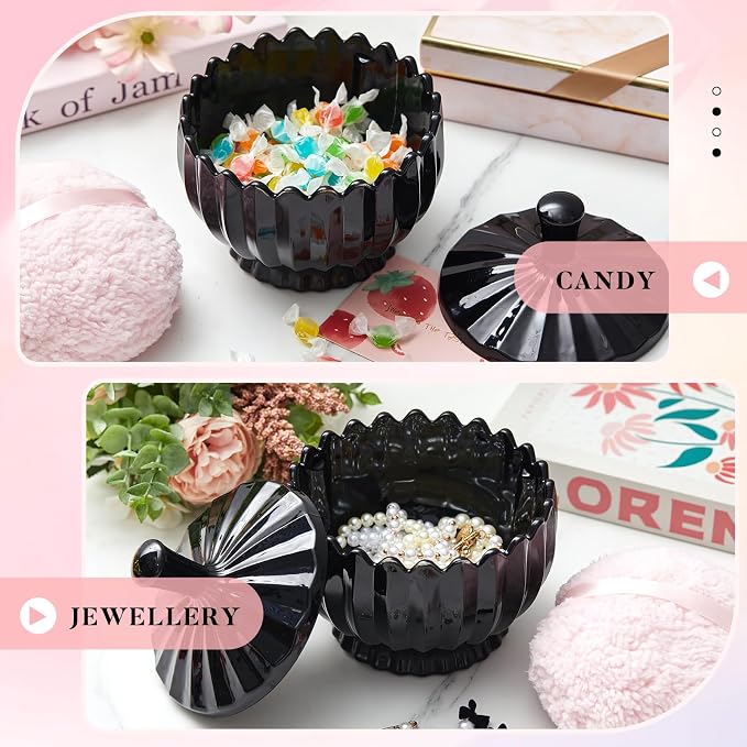 Tioncy 2 Pcs Extra Large Dusting Powder Puff and Container for Women-6'' Glass Crystal Dusting Powder Container Soft Washable Reusable Velour Face(Black,Scalloped)
