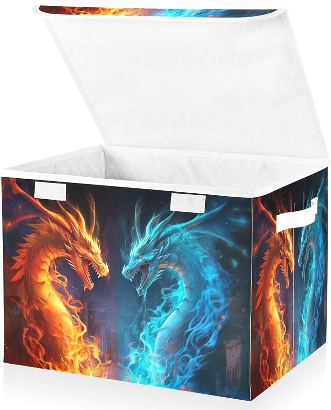 Fire and Ice Dragon Storage Bins with Lids and Carrying Handle,Foldable Storage Boxes Organizer Containers Baskets Cube with Cover for Home Bedroom Closet Office