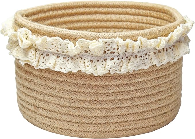 Yimi's Dream Basket for Gifts, Small Cute Decorative Jute Baskets for Baby | Cute Round Mini Basket for Easter, Birthdays, Baby Gifts, Wedding Favors, Shelves, Nursery, Home Decor( Brown, 8"x 8"x 5")