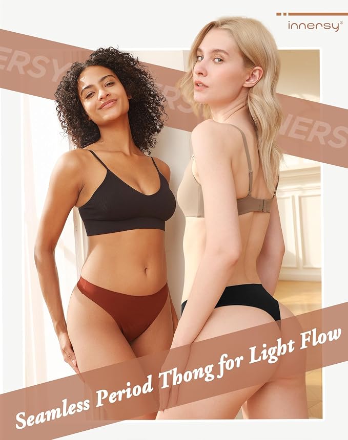 INNERSY Women's Period Thongs Seamless Underwear 3-Pack | Light Absorbency, No Show Sexy Panties, Mid Rise, Lightweight, Smooth Touch