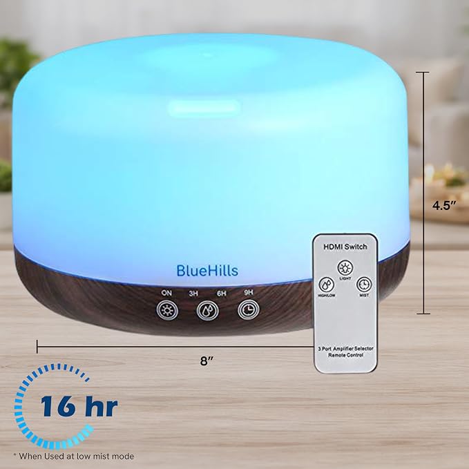 BlueHills Premium 1000 ML Large Essential Oil Diffuser Humidifier for Room Home Aromatherapy Big Capacity Oil Diffuser with Décor LED Lights Long Running Round Diffuser Dark Wood Grain – D002