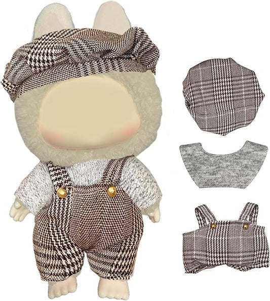 Clothes for labubu Dolls(Have a seat, Macaron, Energy). Clothes Accessories for labubu Clothes. Clothing for popmart Blind-Box, Dress up. (Plaid Overalls Set)