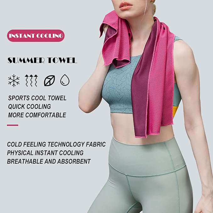 10 Pack Cooling Towels Bulk Microfiber Ice Towel Quick Dry Breathable Chilly Sweat Towel Stay Cool for Neck Face Yoga Gym Workout Running Pilates Beach with Carabin Bag, 40x12'', Rose
