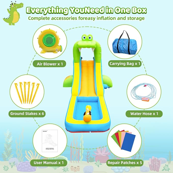 NBSPORT Inflatable Water Slide - Crocodile Theme Bounce House Water Park with Blower, Climbing Wall, Splash Pool, Water Cannon, Blow up Toddler Waterslide for Kids and Adults Backyard, Green