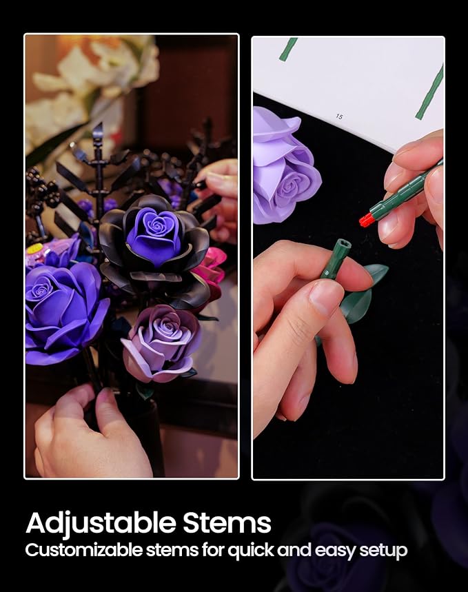 iATOM Purple Rose Bouquet Building Set, Compatible with Lego Flowers for Adults - Halloween Botanical Collection - Gothic Artificial Flowers Home Decor - IA11004