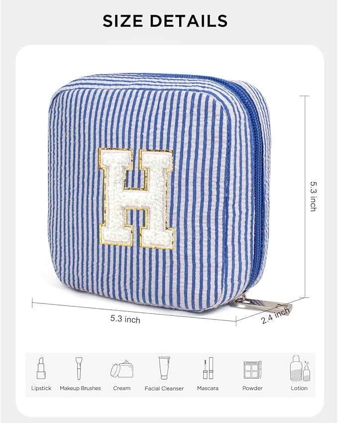 KOTORA Initial Makeup Bag for Women - Skin Care for Teens 10-12 | Make Up Bag | Gifts for Women | Graduation Gifts| Tween Girls Trendy Stuff Spring Break Essentials (Blue, H)