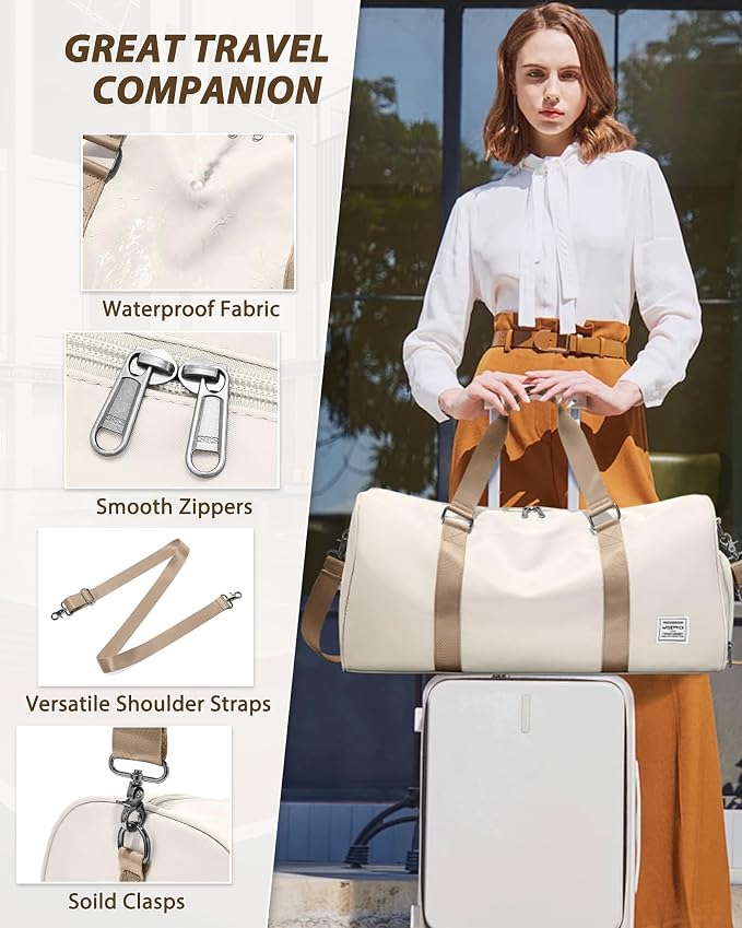 Travel Duffle Bag,Weekender Overnight Bags for Women with Shoes Compartment,Tote Gym Bag Personal Item Carry On Bag for Travel Business Trips Sport Hospital Dance Beige Brown