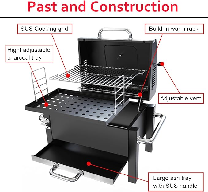 BBQCuker Portable Charcoal Grill with Warming Rack, Tabletop Charcoal Grill, Small BBQ Grill with Thermometer(100-800°F), Outdoor Charcoal Smoker for Camping, Picnic, Hiking, Beach and Travel