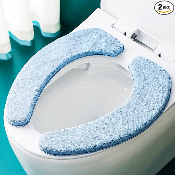1 Pair Soft Toilet Seat Covers Plush Thick Fabric Toilet Seat Warmer Waterproof self-adhesive Reusable Machine-Washable Universal for All Types of Toilets Bathroom (Blue)