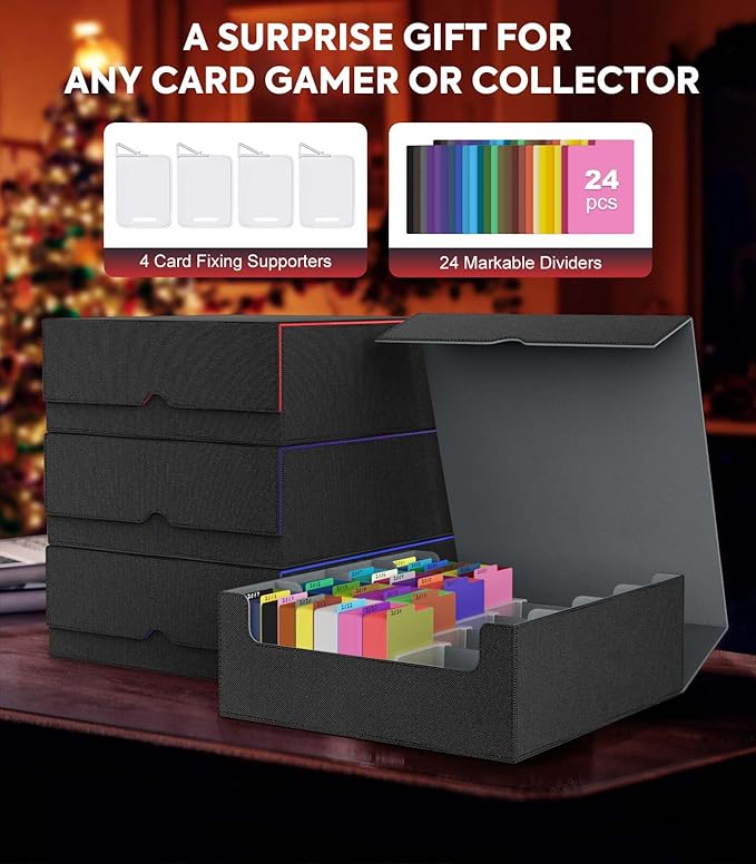 MoKo Trading Card Storage Box, 3000+ MTG Deck Box with 24 Colorful Dividers & 4 Card Supporters, Commander Card Deck Case Fits for Magic Game Cards, YugiOh, TCG, PTG and Sport Cards, Black Grey