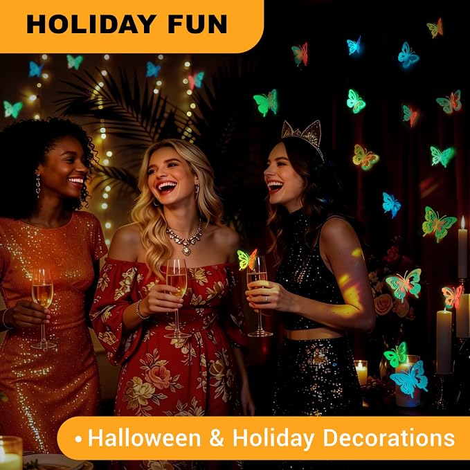 Glow in the Dark Holographic Butterfly Wall Decorations Luminous Color-Changing 3D Butterflies, Multi-Size & Multi-Color, Glowing Wall & Party Decor for Bedroom, Wedding, Garden, Event