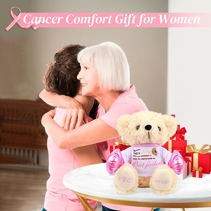 Breast Cancer Awareness Stuffed Bear Plush – 8" Fuck Cancer Teddy Bear Stuffed Animal Toy with Pink Boxing Gloves, Breast Cancer Comfort Gifts for Women, Inspirational Gift For Cancer Warrior Fighter