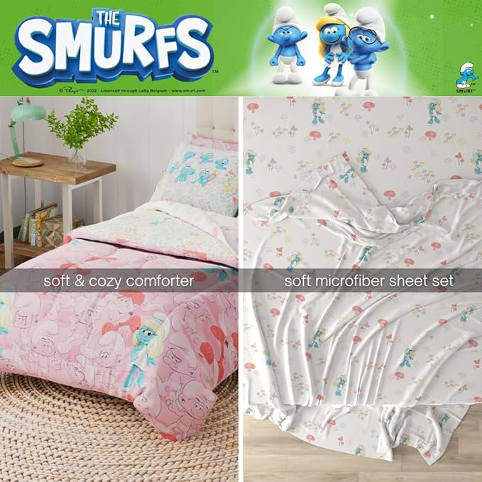 The Smurfs Smurfette Full Bedding Set – 7 Piece Kids Super Soft Microfiber Reversible Comforter & Sheet Set - Pink, (Officially Licensed Product) by Franco