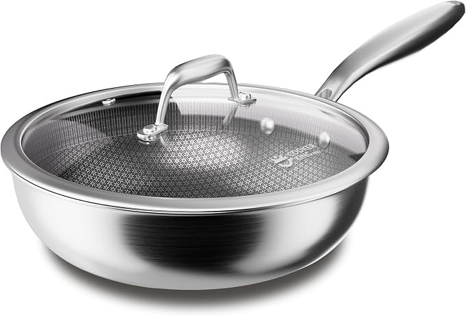 COOKER KING 12" Hybrid Wok Pan with Lid, Nonstick Deep Skillet for Stir-Fry | Non-Toxic Coating, Dishwasher & Oven Safe, Induction Ready, Stay-Cool Handle, 3-Ply Stainless Steel Clad for Fast Heat