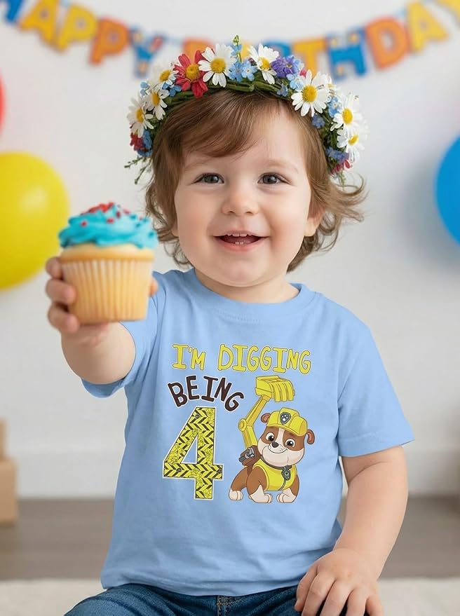 Paw Patrol Rubble Digging Being 4 T-Shirt for Toddler Boys - 4th Birthday Outfit with Construction Bulldozer Theme