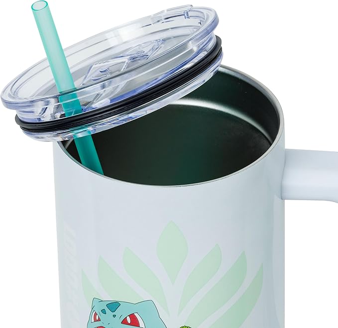 Silver Buffalo Pokémon Stainless Steel Tumbler with Handle Featuring Bulbasaur, Fits in Standard Cup Holder, 40 Ounces