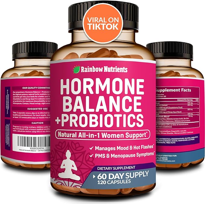 Hormone Balance + Probiotics for Women- Natural Menopause Relief, Weight Management, Bloating, Hot Flashes, PMS | Organic Maca, Chasteberry, Dong Quai & Black Cohosh | Non GMO |120 V Capsules | All Natural, NON GMO, Made in USA