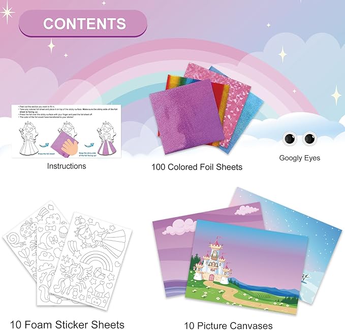 AWHETIE Princess Foil Craft for Kids,No Mess Creative Activity Toys Art and Crafts for Kids,Birthday Gifts Crafts for Girls&Boys Ages 4, 5, 6, 7, 8, 9 (Princess)