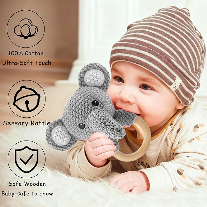 Baby Elephant Stuffed Animals for Babies 2Pcs Cute Calf Plush Toys Set: 10" Grey Elephant Plush Doll and 5.9" Baby Teething Rattle Soft Baby Boy Girl Gifts for Birthday,Easter,Christmas