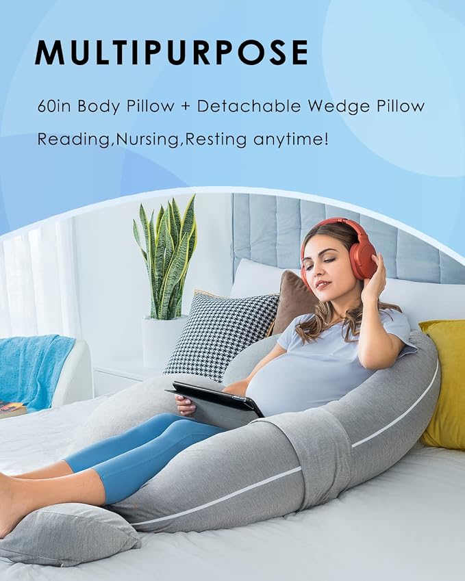 QUEEN ROSE Pregnancy Pillow, E Shaped Body Pillows for Sleeping Support, 60 Inch Maternity Pillow for Pregnant Women with Cooling Silky Cover, Grey