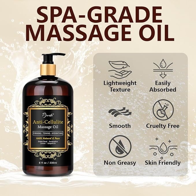 Pjordo Anti Cellulite Massage Oil for Massage Therapy, 100% Natural & Pure Body Firming Oil for Reducing Cellulite, Firming & Moisturizing Skin, Fast Absorbing, Cellulite Remover for Leg & All Body