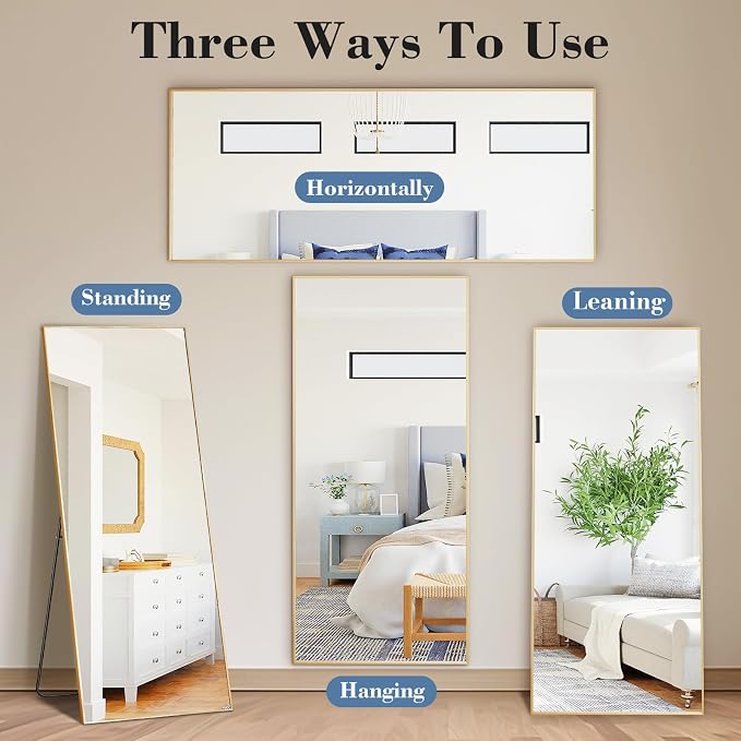 DUMOS 64"x21" Full Length Mirror with Stand, Floor Standing Aluminum Frame, ShatterProof Nano Glass for Bedroom, Living Room, Cloakroom Modern Simple Home Decor, Can Be Hanging, Leaning or Wall, Gold