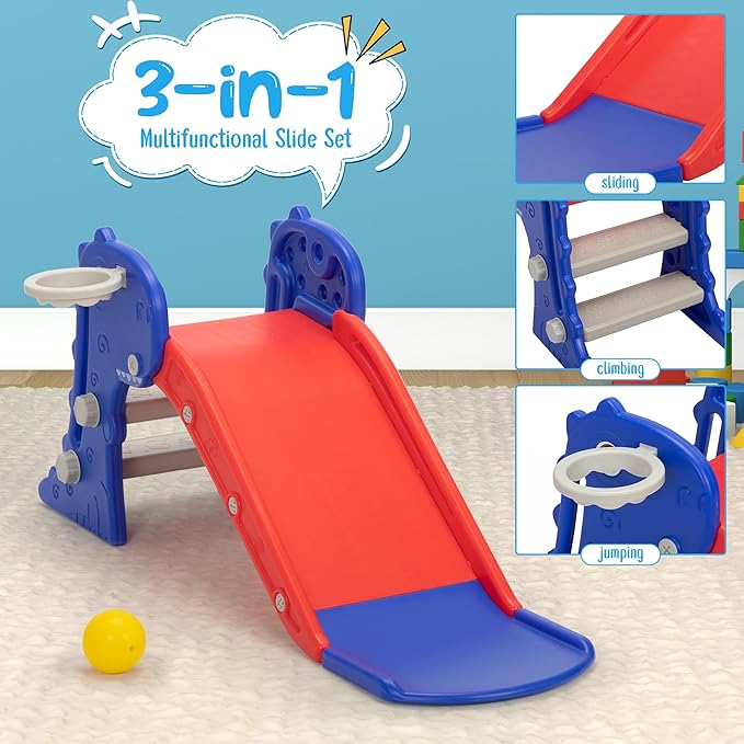 Nyeekoy 3 in 1 Toddler Slide, Kids Slide Climber Playset with Basketball Hoop, Indoor and Outdoor Playground for Kids, Folding Design Freestanding Baby Slide, Easy Assembly