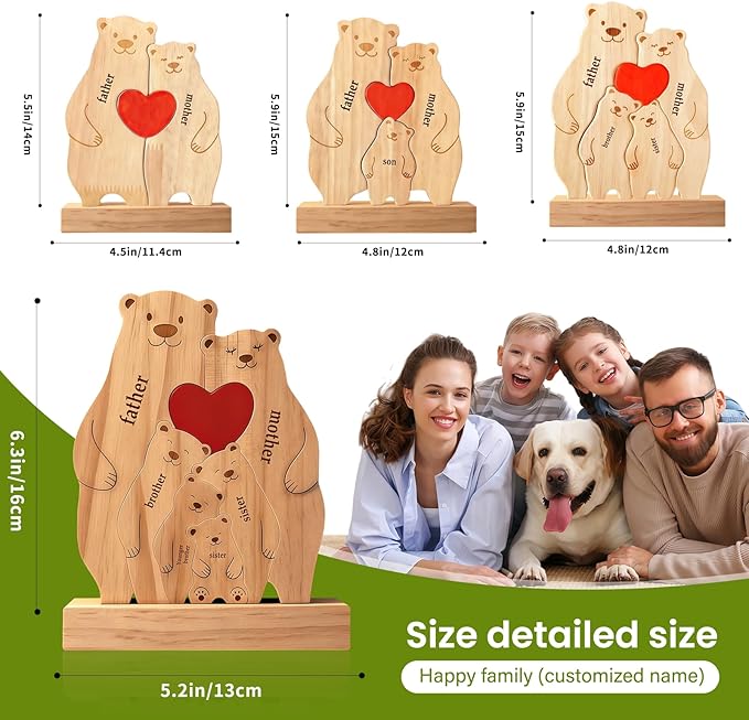 Personalized Wooden Bear Family Puzzle with 2-6 Names - Custom Heart Art Figurine for Mom Grandma Dad - Rustic Home Decor Statue Gift for Birthday Christmas Housewarming Anniversary