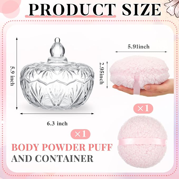 Tioncy 2 Pcs Extra Large Dusting Powder Puff and Container for Women-6'' Glass Crystal Dusting Powder Container with Body Soft Washable Reusable Velour Face(Clear,Pumpkin)