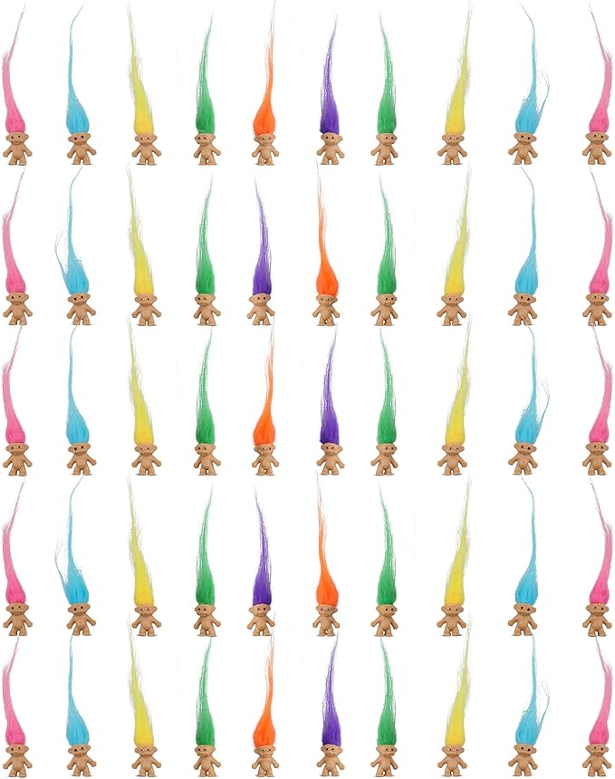 50 Pcs Long-haired Lucky Mini Troll Dolls, Assorted Hair Colors, 0.78" Bodies, 2" Hair. Cake Toppers, Action Figures, School Project, Arts and Crafts, Party Favors