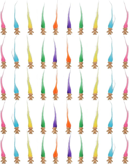 50 Pcs Long-haired Lucky Mini Troll Dolls, Assorted Hair Colors, 0.78" Bodies, 2" Hair. Cake Toppers, Action Figures, School Project, Arts and Crafts, Party Favors