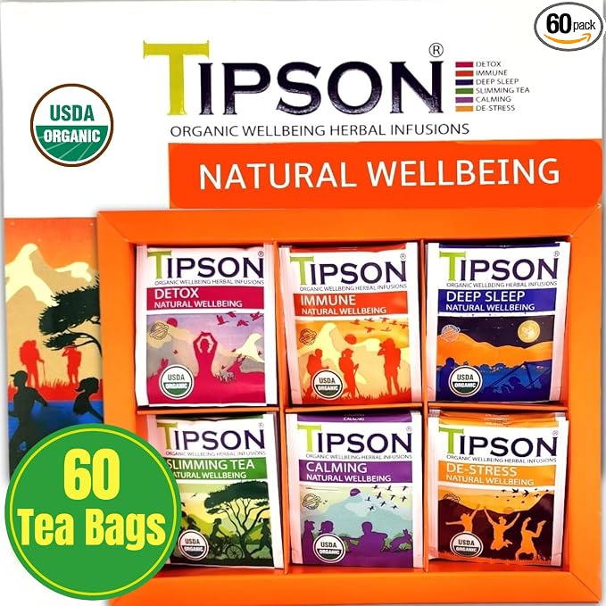 Tipson Natural Wellbeing Variety Sampler - 6 Flavors | 6 Benefits (60 Tea Bags), Herbal Tea Infusions - USDA Organic, Non GMO, and Gluten Free