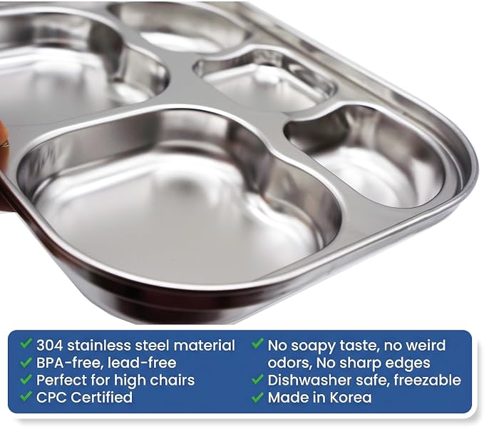 Korean Stainless Steel Non-Toxic Divided Plates for Toddlers & Kids 2-Pack | Premium 304 Electro-Polished Stainless Steel, No Black Residue, BPA-Free Tray for Picky Eater Babies and Littles