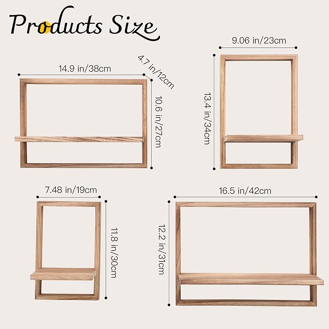 Floating Shelves for Wall,Decorative Wall Shelves,Plants Shelf Framed | Square Wall Decor,Art Sconces Artificial Vases Hanging Storage Shelf for Bathroom Living Room,Wood,Set of 4,Carbonized Black