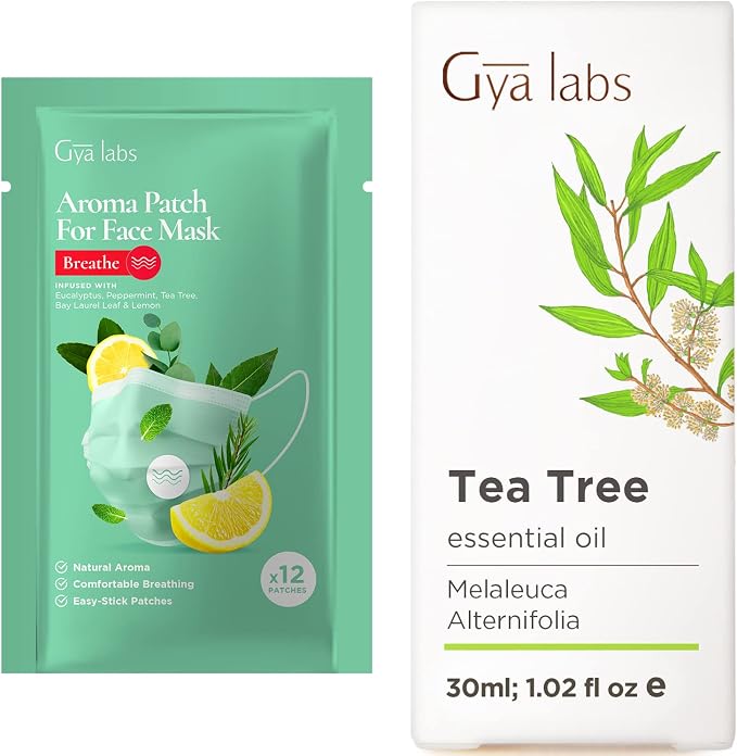 Gya Labs Breathe Aroma Stickers for Masks (5 Packs-60 Patches) & Tea Tree Oil for Skin (1 fl oz) Set - Aromatherapy Grade Essential Oils Set