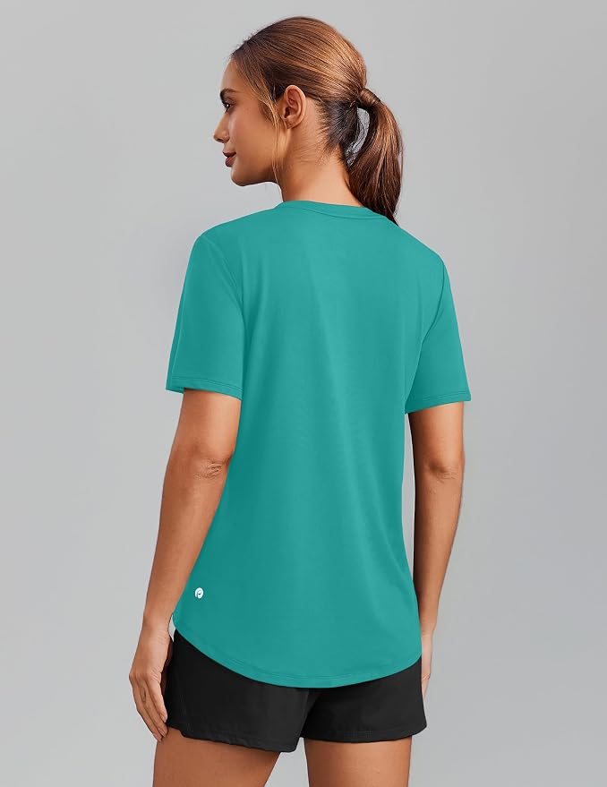 PINSPARK Soft Workout Tops for Women Short Sleeve V Neck Moisture Wicking UPF 50+ Sun Protection Quick Dry Gym Shirts