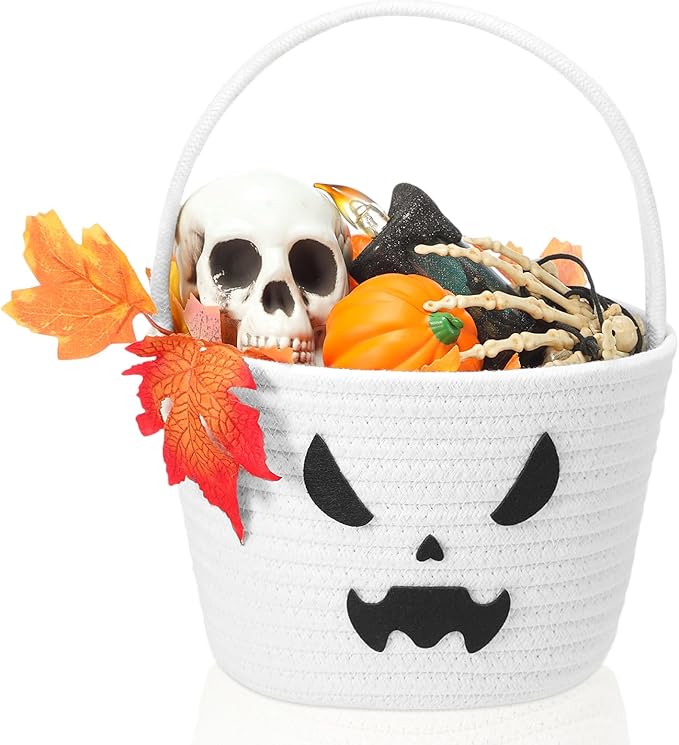 Halloween Basket with Handle Cute Bucket Cotton Rope Woven Candy Bag Pumpkin Witch Cat Pig Storage Basket for Halloween Party Favor(White,Ghost)